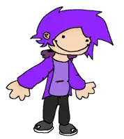 a cartoon character with purple hair and a smiley face is wearing a purple jacket and black pants .