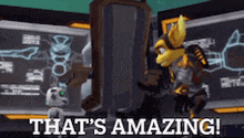 a video game character says that 's amazing in front of a monitor