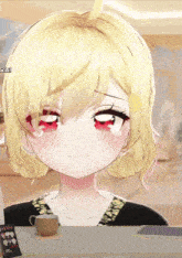a girl with blonde hair and red eyes is sitting at a desk