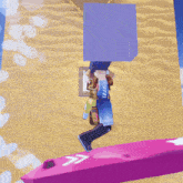 a video game shows a person walking across a purple platform
