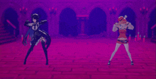 two anime characters are dancing in a dark room
