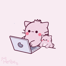 a cartoon drawing of a cat using a laptop with the word tak written on it