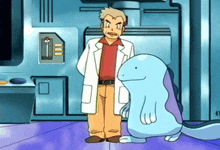 a man in a lab coat is standing next to a blue and purple cartoon character
