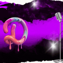 a purple background with a microphone and a candy shaped object