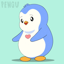 a penguin is holding a pink heart in its beak and the word pengu is on the bottom