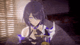 a girl with purple hair is sitting on a bed in a video game and talking to someone .