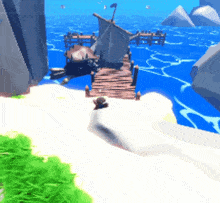 a video game scene with a dock and a boat in the water