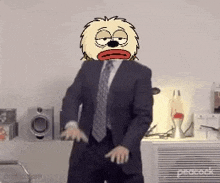 a man in a suit and tie is dancing with a cartoon head on his head .