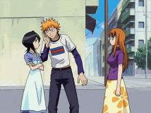 a group of anime characters are standing on a sidewalk