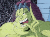a cartoon drawing of a green monster with a purple hairdo