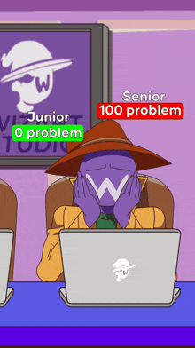 a cartoon of a man sitting at a desk with a laptop and a sign that says junior 100 problem
