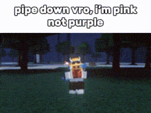 a cartoon character is standing in the grass with the words pipe down vro i 'm pink not purple