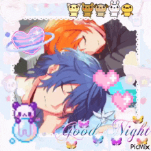 a picture of two anime characters sleeping with the words good night