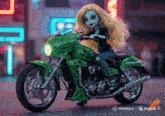 a monster high doll is riding a green motorcycle sponsored by minimaxel