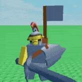 a cartoon character holding a sword and shield in a video game .
