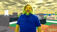 a man with a beard and a blue shirt is standing in front of a city and the word qewy is on the bottom