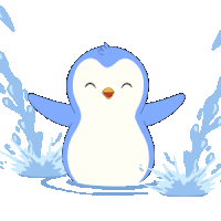 a cartoon of a blue penguin splashing in the water