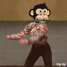 a cartoon of a monkey wearing a bloody shirt and pants standing in front of a brick wall ..