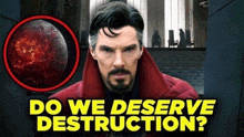a man with a beard and mustache is standing in front of a building with the words `` do we deserve destruction ? ''