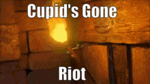 cupid 's gone riot is written on a picture of a brick wall