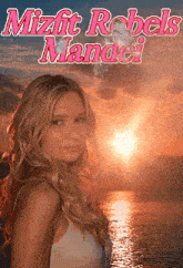 a woman stands in front of a body of water with the words mizfit rebels mandei on the bottom