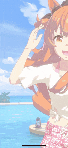 a girl with long orange hair is smiling and wearing a white shirt
