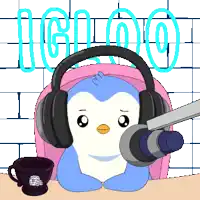 a penguin wearing headphones is sitting in front of a microphone with the word igloo behind him