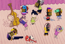 a group of cartoon characters including snoopy playing a guitar