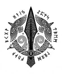 a black and white drawing of a celtic sword with birds and runes around it .