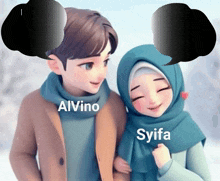 a boy and a girl are standing next to each other with the girl wearing a hijab