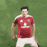 a blurry picture of a person in a red shirt in a stadium .