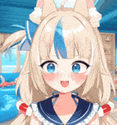 a cartoon girl with blonde hair and blue eyes is wearing a sailor outfit