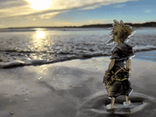 a cartoon character standing on a beach looking at the water