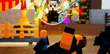 a person is playing a video game in front of a ferris wheel and a building .