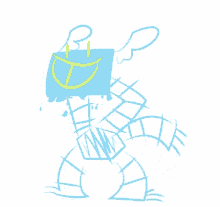 a drawing of a blue monster with a yellow smile on its face .