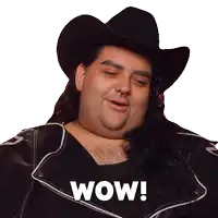 a man with long hair wearing a cowboy hat and a black jacket says wow