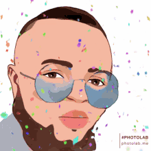a cartoon drawing of a man with a beard wearing sunglasses and confetti