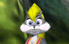 a close up of a cartoon character with a yellow hat on