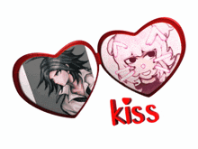 two hearts with a picture of a man and a picture of a girl with the word kiss below them