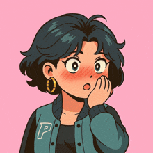 a cartoon girl with a letter p on her jacket