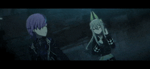 two anime characters standing next to each other in the dark