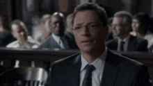 a man in a suit and tie stands in front of a crowd