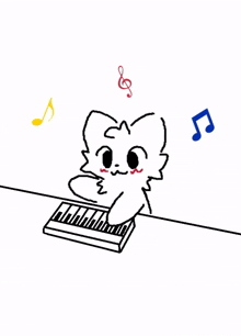 a drawing of a cat playing a keyboard with musical notes flying around it .