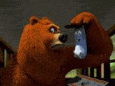 a cartoon bear holding a small animal in its paw