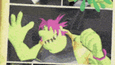 a cartoon of a green monster with pink hair