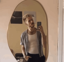 a man taking a selfie in front of a large mirror