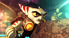 a cartoon character with a red and white striped hat is holding a shield .