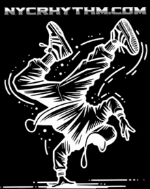 a black and white drawing of a person doing a handstand with nycrhythm.com in the upper right corner