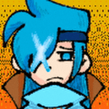 a pixel art drawing of a boy with blue hair and a beard .
