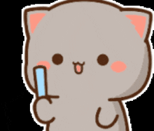 a cartoon cat is holding a fan in front of its face